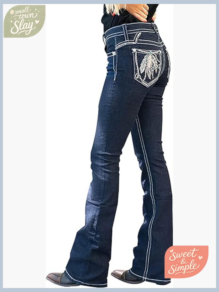 High Rise Feather Embroidery Bootcut Stretch Denim Jeans Slim Wide Leg